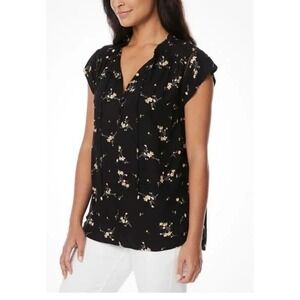 Buffalo David Bitton Black Floral Print V Neck Short Sleeve Blouse‎ Top